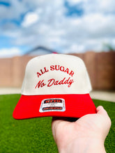 Load image into Gallery viewer, R & R Stitched - All sugar, no Daddy embroidered trucker hat: Blue with blue font