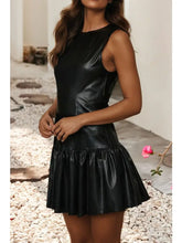 Load image into Gallery viewer, Black Faux Leather Ruffle Hem Sleeveless Mini Dress