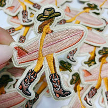Load image into Gallery viewer, TEELUX - 2.5" Cowgirl w Surfboard - Embroidered Hat Patch: Embroidered Patch