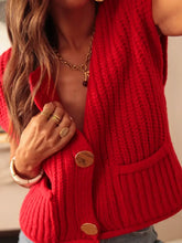 Load image into Gallery viewer, Red Solid Textured Knit Side Pockets Buttoned Sweater Vest
