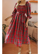 Load image into Gallery viewer, Plaid Square Neck Christmas Knot Waist Flared Dress