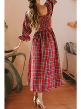 Load image into Gallery viewer, Plaid Square Neck Christmas Knot Waist Flared Dress