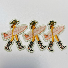 Load image into Gallery viewer, TEELUX - 2.5" Cowgirl w Surfboard - Embroidered Hat Patch: Embroidered Patch