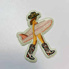 Load image into Gallery viewer, TEELUX - 2.5" Cowgirl w Surfboard - Embroidered Hat Patch: Embroidered Patch