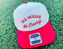 Load image into Gallery viewer, R &amp; R Stitched - All sugar, no Daddy embroidered trucker hat: Blue with blue font
