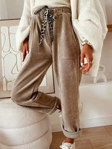 Corduroy Leopard Drawstring High Waist Trousers