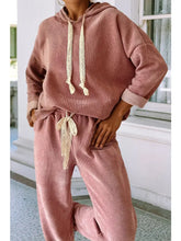Load image into Gallery viewer, Pink Lace Drawstring Pullover Hoodie and Pants Corduroy Sweat Set
