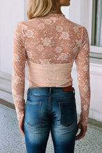 Load image into Gallery viewer, Apricot Pink Mock Neck Floral Lace Mesh Long Sleeve Top

