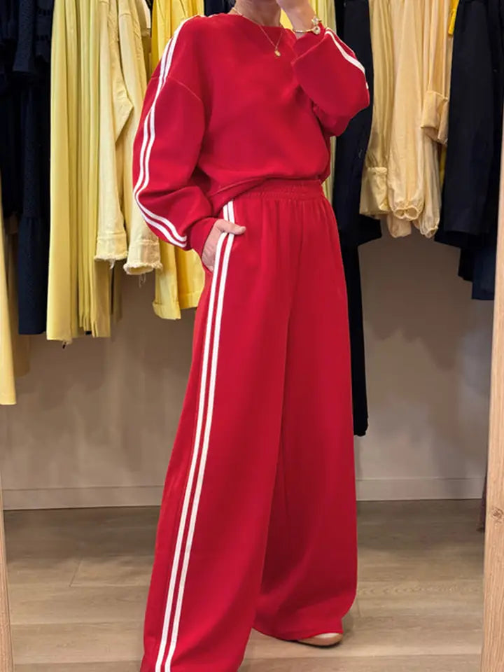 Red Striped Crewneck Pullover Elastic Sweatpants 2pcs Outfit