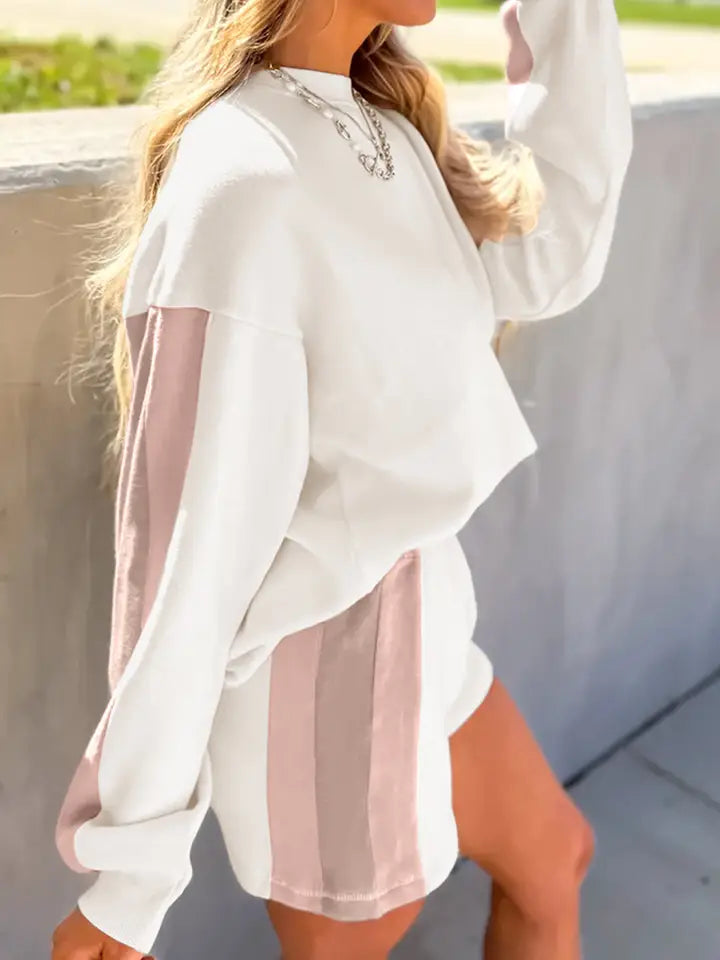 Color Block Patchwork Pullover & Casual Shorts 2pcs Outfit