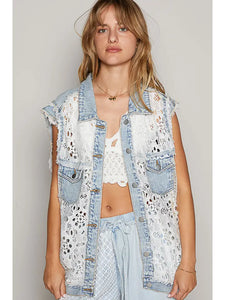 FREE PEOPLE - Oversize Lace Contrast Denim Vest