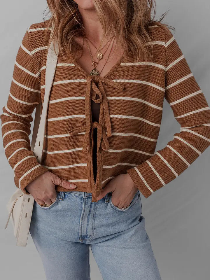 Chestnut Tie Front Striped Knit V Neck Cardigan Sweater