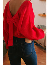 Load image into Gallery viewer, Red Bow Backless Bubble Sleeve Festive Sweater
