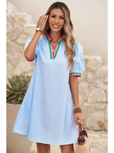 Load image into Gallery viewer, Blue Contrast Striped Detail Notched Neck Puff Sleeve Dress

