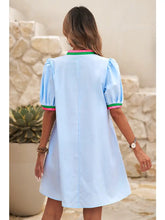 Load image into Gallery viewer, Blue Contrast Striped Detail Notched Neck Puff Sleeve Dress
