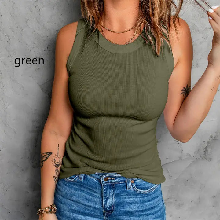 Green Sleeveless Basic Cami Tank Tops