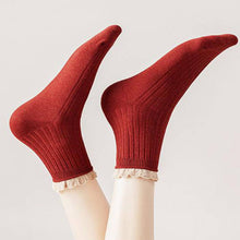 Load image into Gallery viewer, ACCITY - RED RUFFLE EDGE LACE MID-CREW SOCKS
