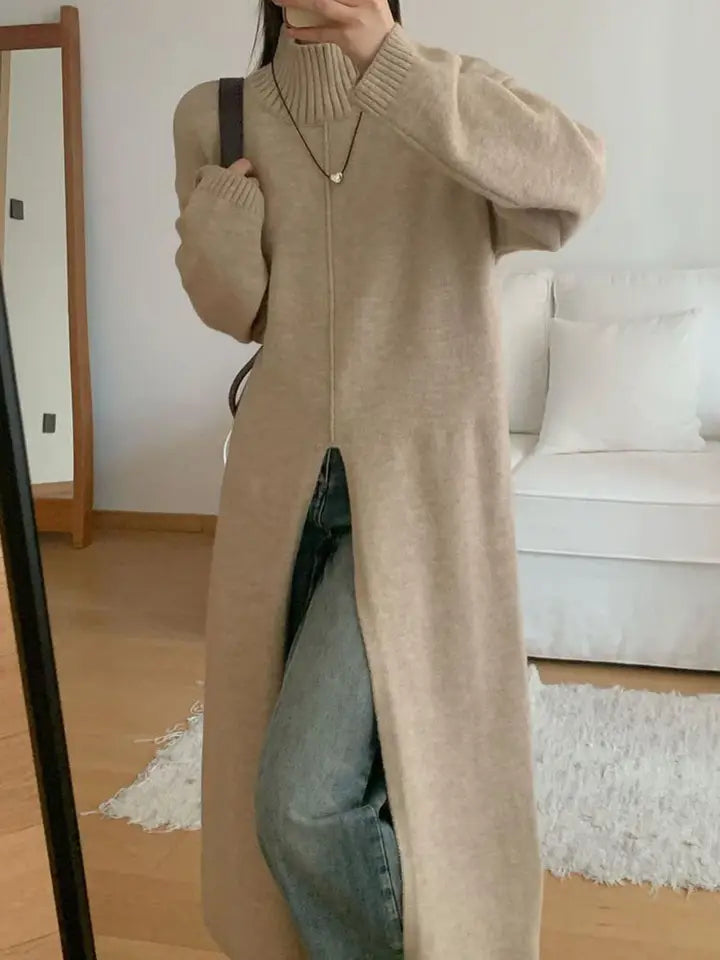 High-Neck Slit Sweater Maxi Dress
