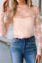 Load image into Gallery viewer, Apricot Pink Mock Neck Floral Lace Mesh Long Sleeve Top

