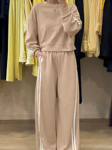 Oatmeal Striped Crewneck Pullover Elastic Sweatpants 2pcs Outfit