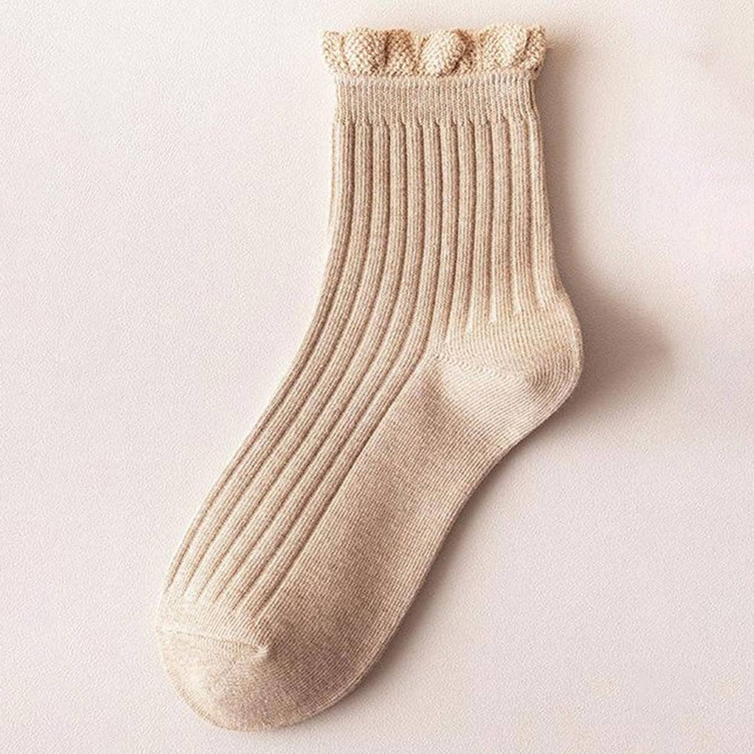 ACCITY - LIGHT BROWN RUFFLE EDGE LACE MID-CREW SOCKS