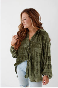 BIBI - Wrinkle Effect Tiered Shirring Velvet Shirt - Forrest Green