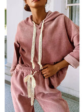 Load image into Gallery viewer, Pink Lace Drawstring Pullover Hoodie and Pants Corduroy Sweat Set
