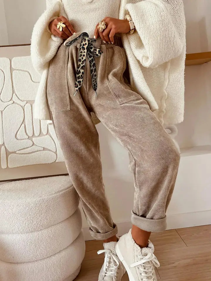 Corduroy Leopard Drawstring High Waist Trousers