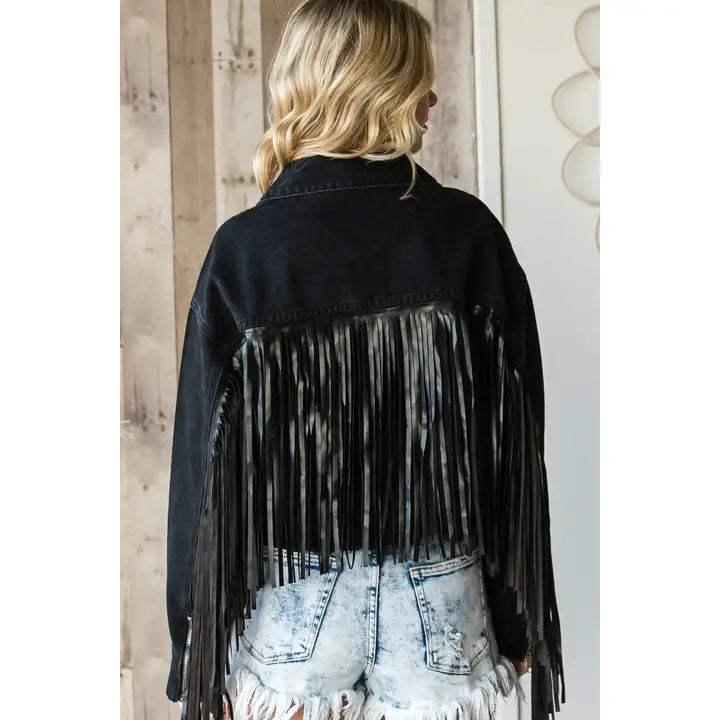 Leather Fringe Cropped Denim Jacket