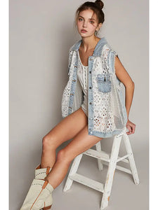 POL CLOTHING - Oversize Crochet Lace Denim Vest