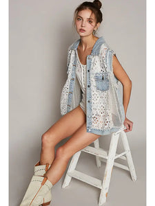 FREE PEOPLE - Oversize Lace Contrast Denim Vest