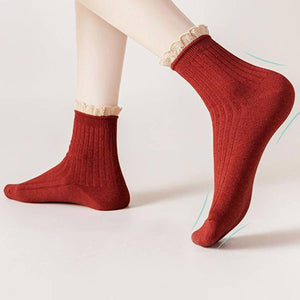 ACCITY - LIGHT BROWN RUFFLE EDGE LACE MID-CREW SOCKS