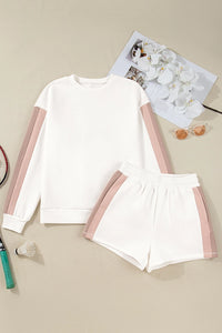 Color Block Patchwork Pullover & Casual Shorts 2pcs Outfit