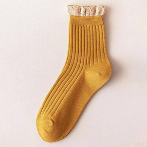 ACCITY - LIGHT BROWN RUFFLE EDGE LACE MID-CREW SOCKS