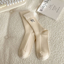 Load image into Gallery viewer, ACCITY -CREAM EMBROIDERED BLACK BOW SOCKS
