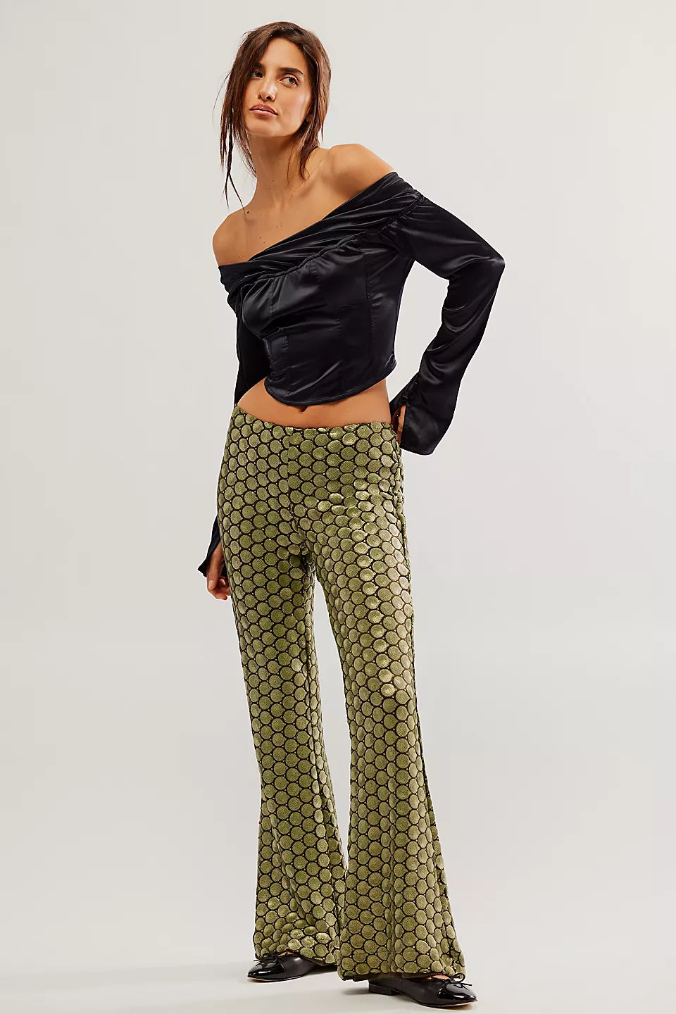 FREE PEOPLE -- Wilder Days Sequin Flare Pants -- Rocker Olive