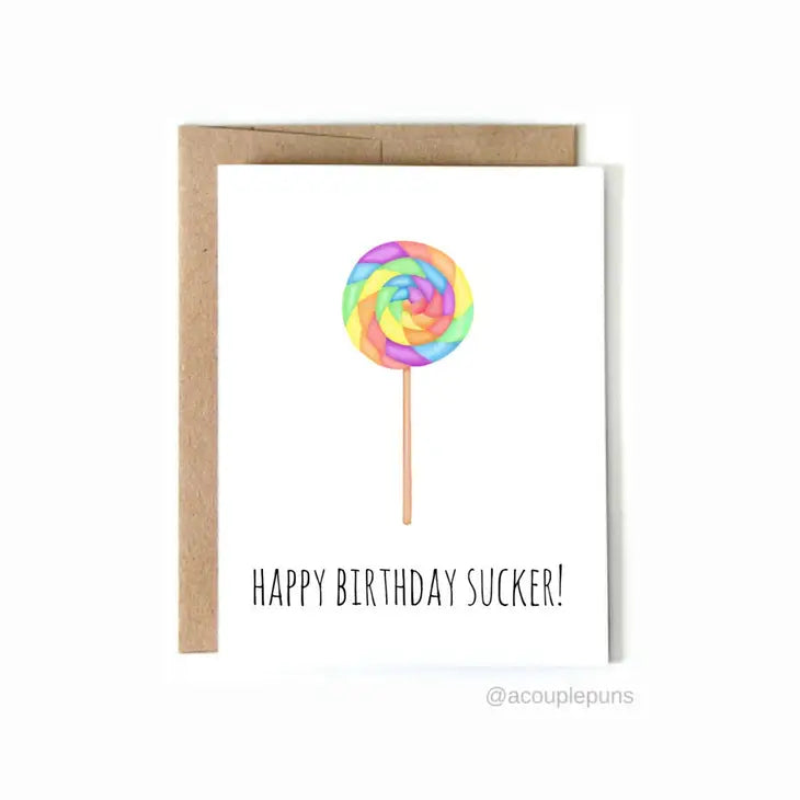 ACOUPLEPUNS - Birthday Sucker Card - White and Rainbow