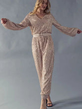 Load image into Gallery viewer, URBAN DAIZY - champagne - SEQUIN ELASTIC WAIST V NECK JUMPSUIT
