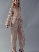 Load image into Gallery viewer, URBAN DAIZY - champagne - SEQUIN ELASTIC WAIST V NECK JUMPSUIT
