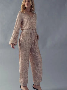 URBAN DAIZY - champagne - SEQUIN ELASTIC WAIST V NECK JUMPSUIT